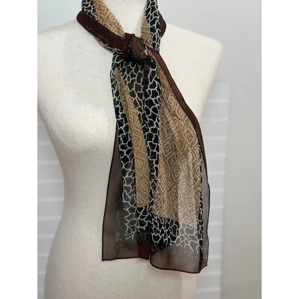 Vintage Petite Sophisticate 100 % Silk Brown Tan Animal Print Rectangular Scarf